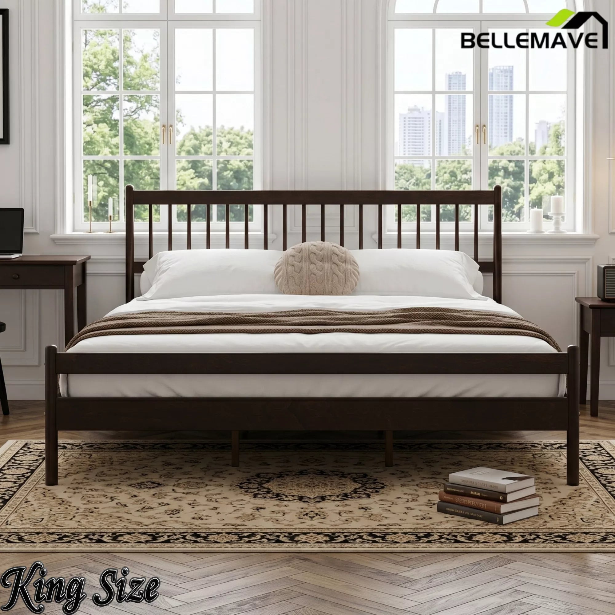 Bellemave® Traditional Solid Wood Bed Frame with Headboard and Footboard - Bellemave