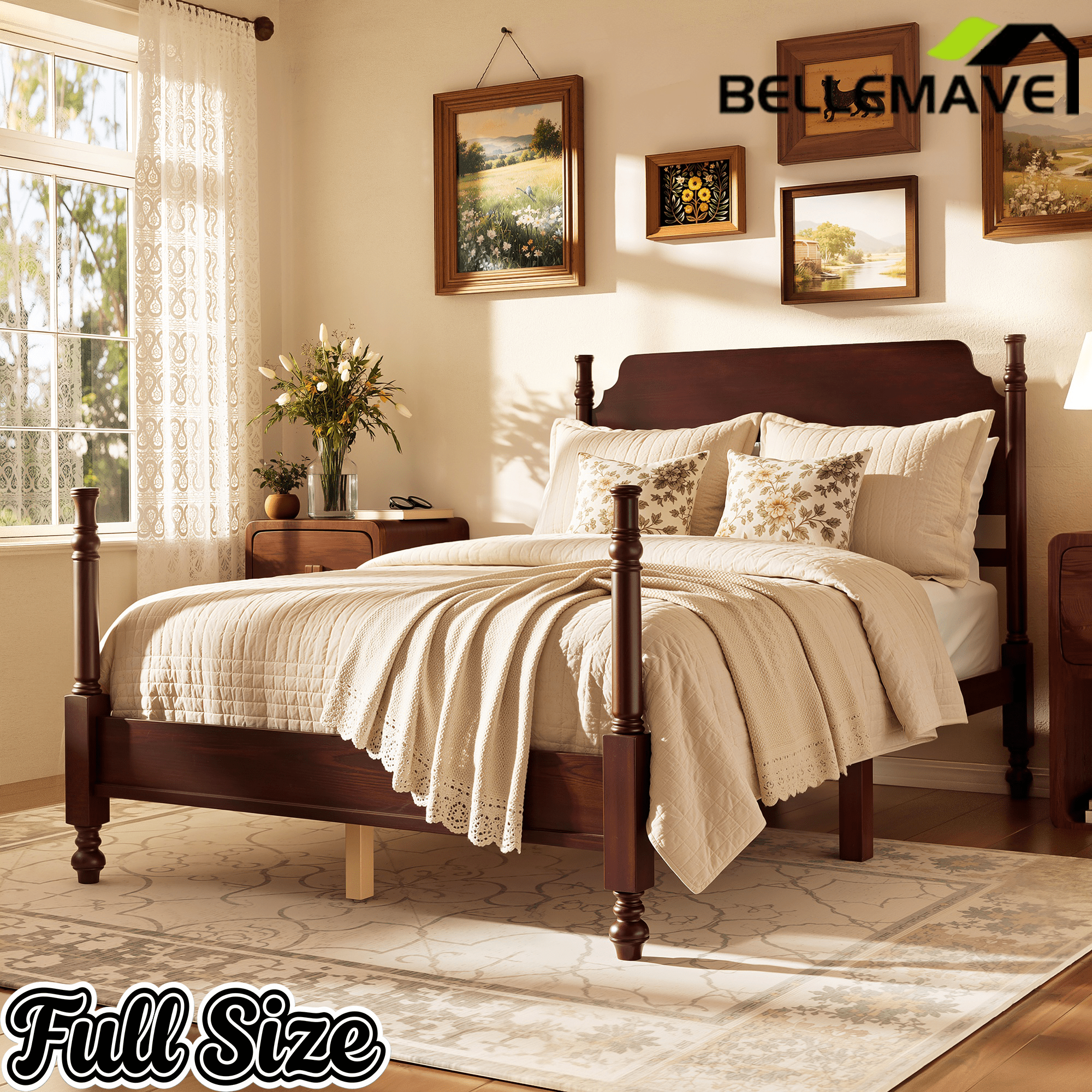 Bellemave® Traditional Wood Spindle Post Bed, Modern Farmhouse Platform Bed with Headboard, No Box Spring Required - Bellemave