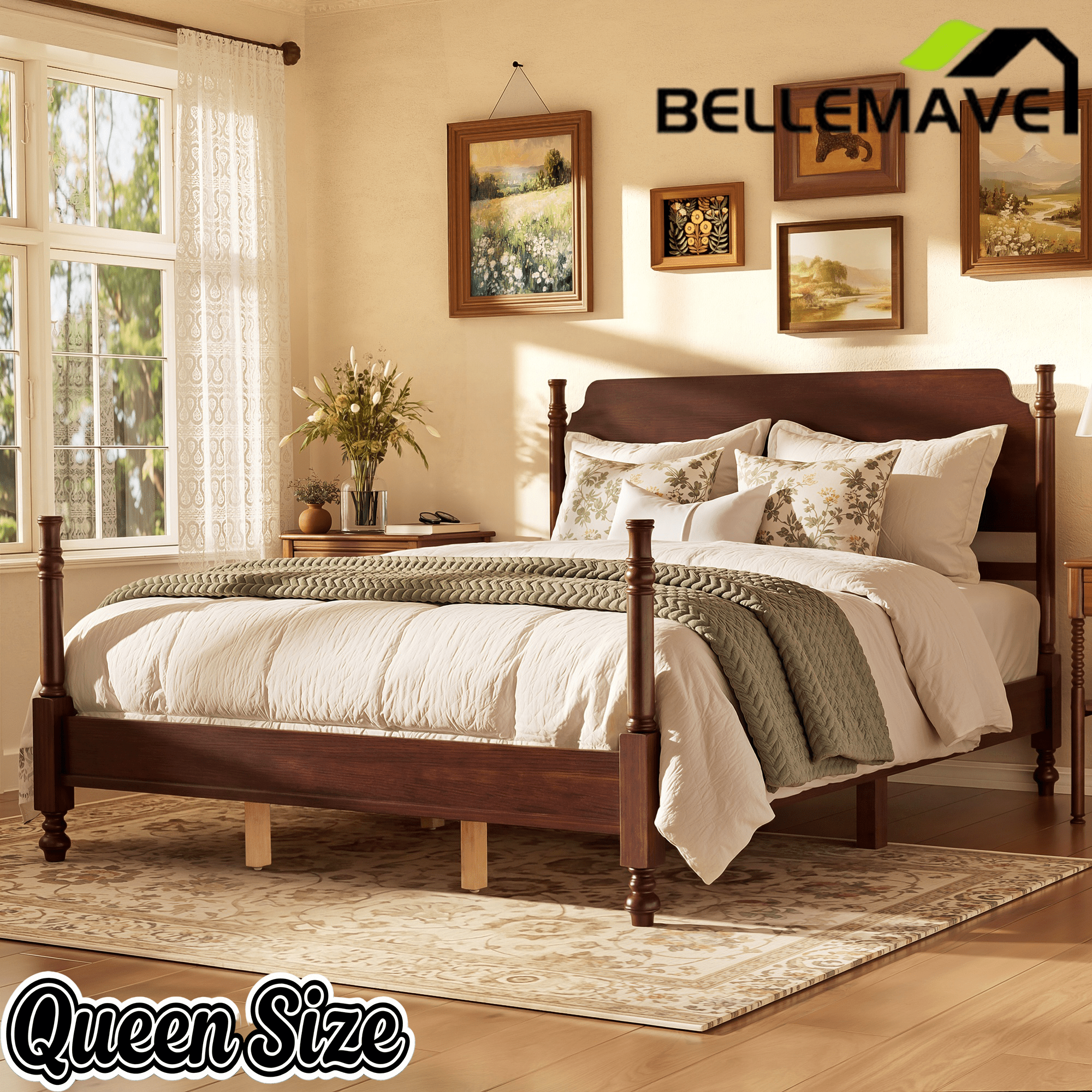 Bellemave® Traditional Wood Spindle Post Bed, Modern Farmhouse Platform Bed with Headboard, No Box Spring Required - Bellemave