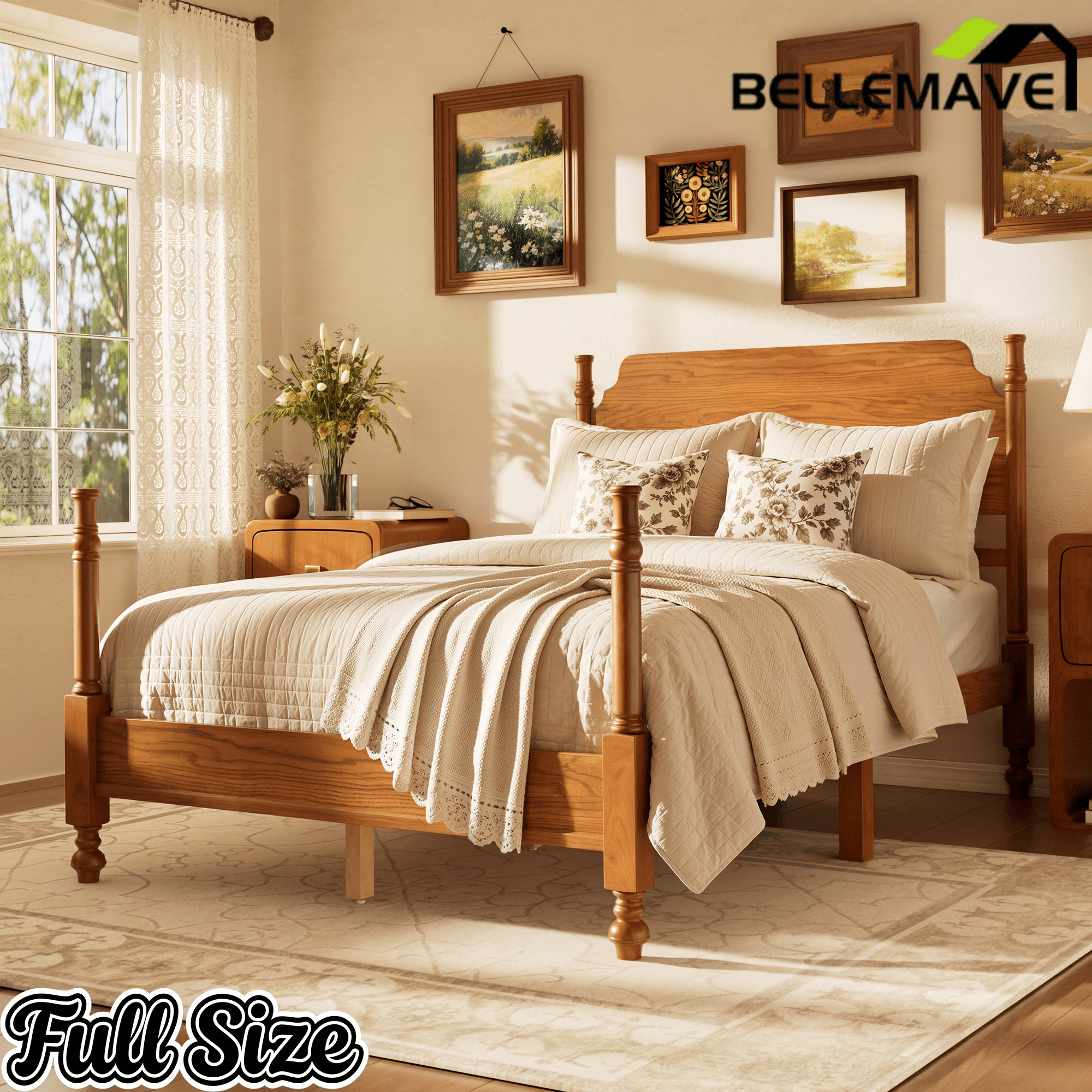 Bellemave® Traditional Wood Spindle Post Bed, Modern Farmhouse Platform Bed with Headboard, No Box Spring Required - Bellemave