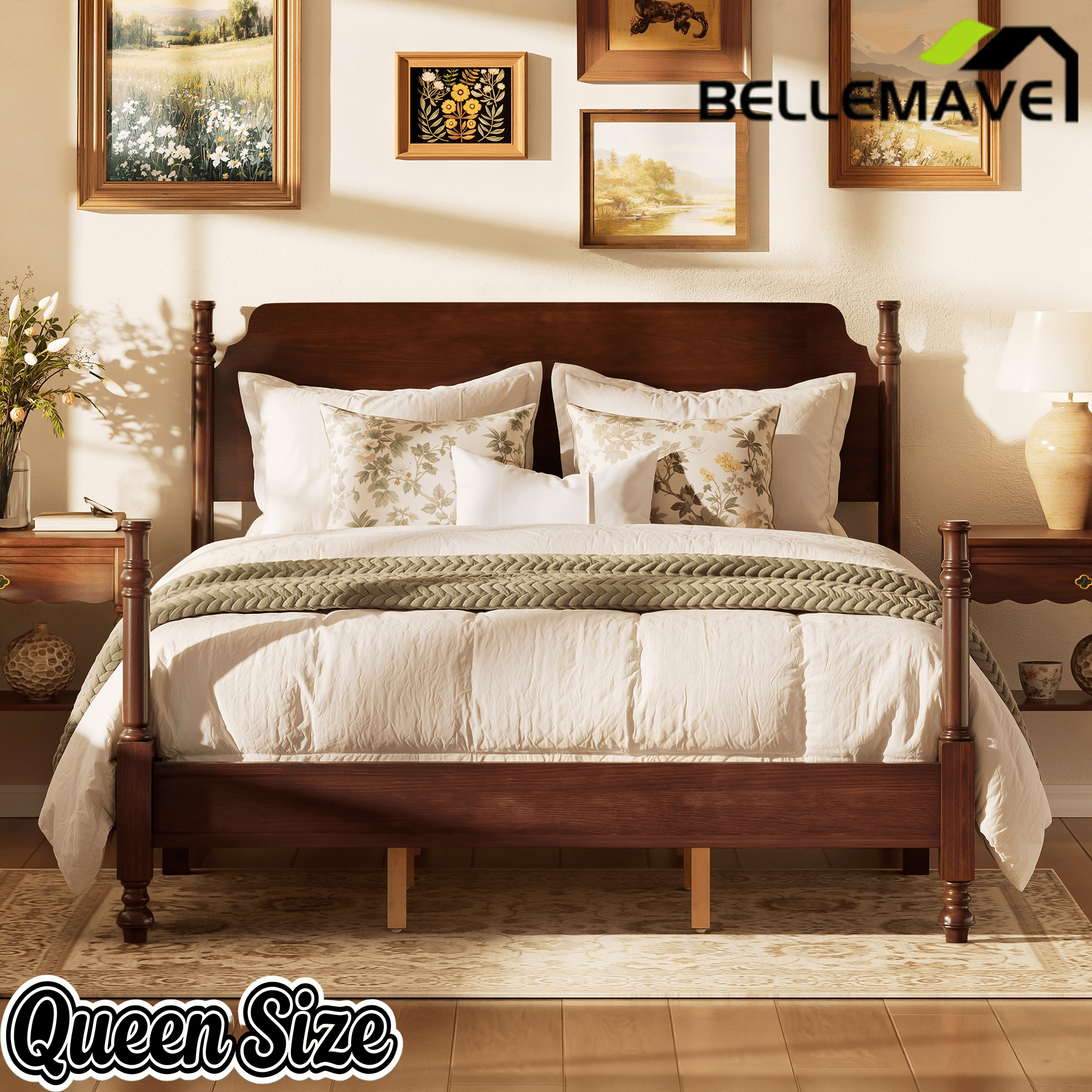 Bellemave® Traditional Wood Spindle Post Bed, Modern Farmhouse Platform Bed with Headboard, No Box Spring Required - Bellemave