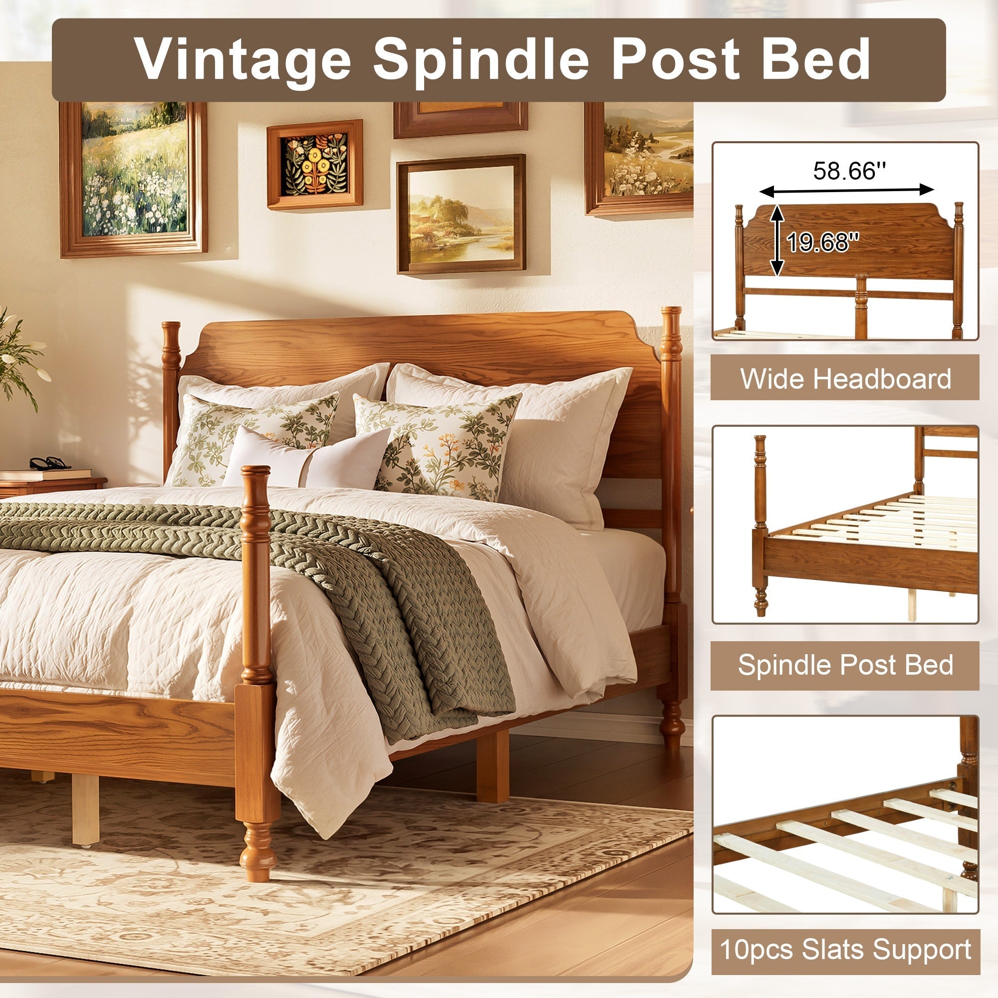 Bellemave® Traditional Wood Spindle Post Bed, Modern Farmhouse Platform Bed with Headboard, No Box Spring Required - Bellemave