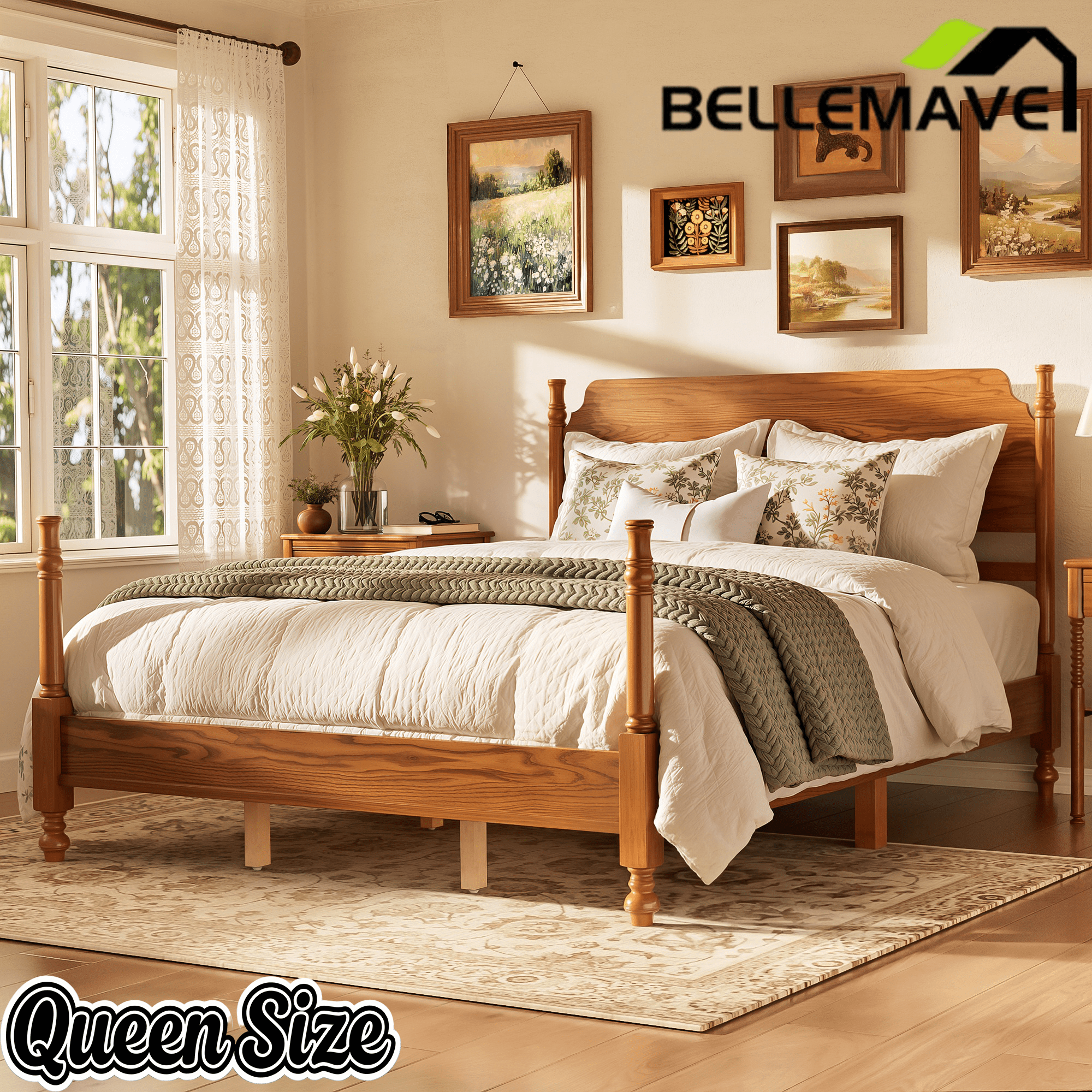 Bellemave® Traditional Wood Spindle Post Bed, Modern Farmhouse Platform Bed with Headboard, No Box Spring Required - Bellemave