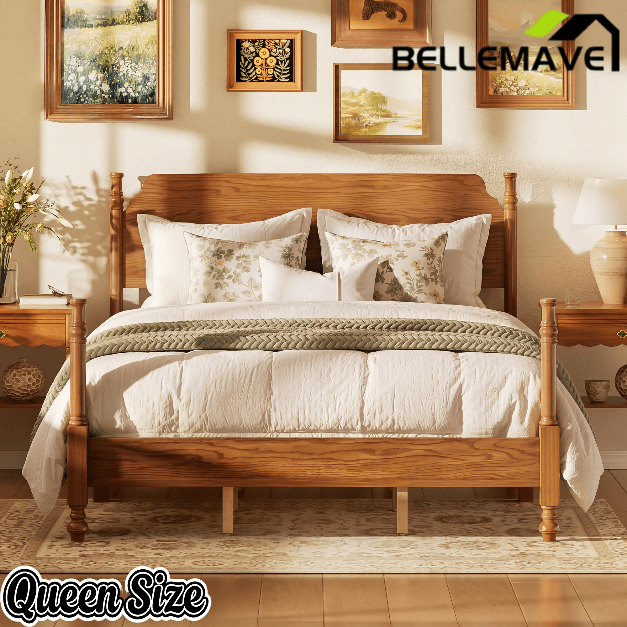 Bellemave® Traditional Wood Spindle Post Bed, Modern Farmhouse Platform Bed with Headboard, No Box Spring Required - Bellemave