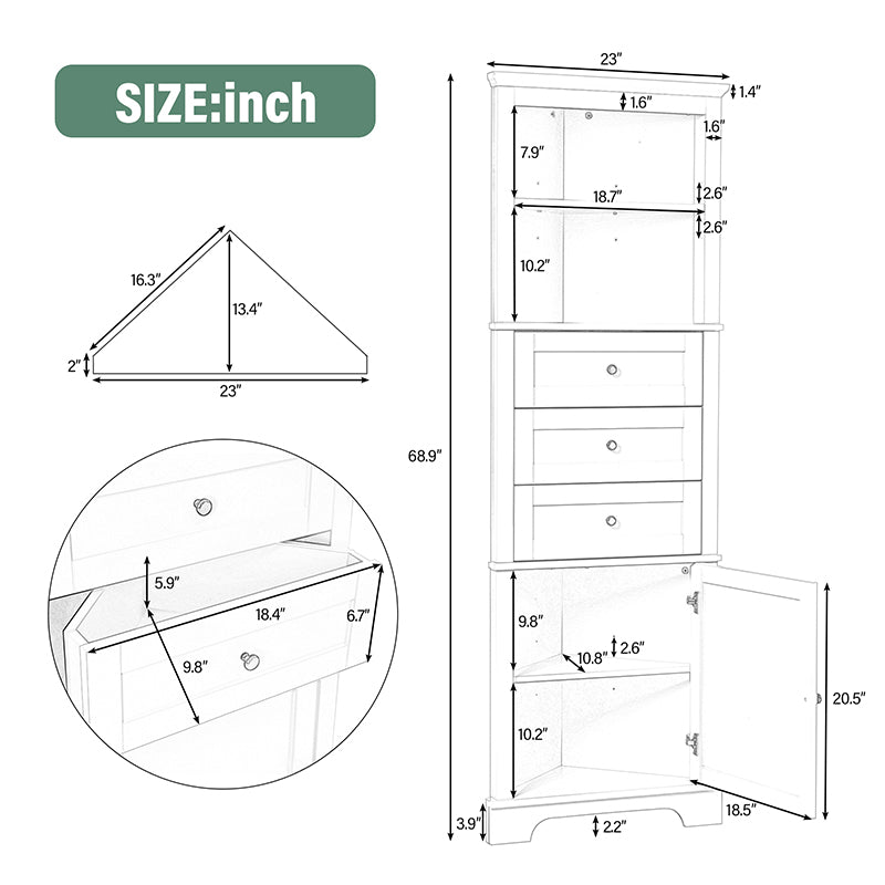 Bellemave® Triangle Tall Bathroom Storage Cabinet with 3 Drawers and Adjustable Shelves - Bellemave