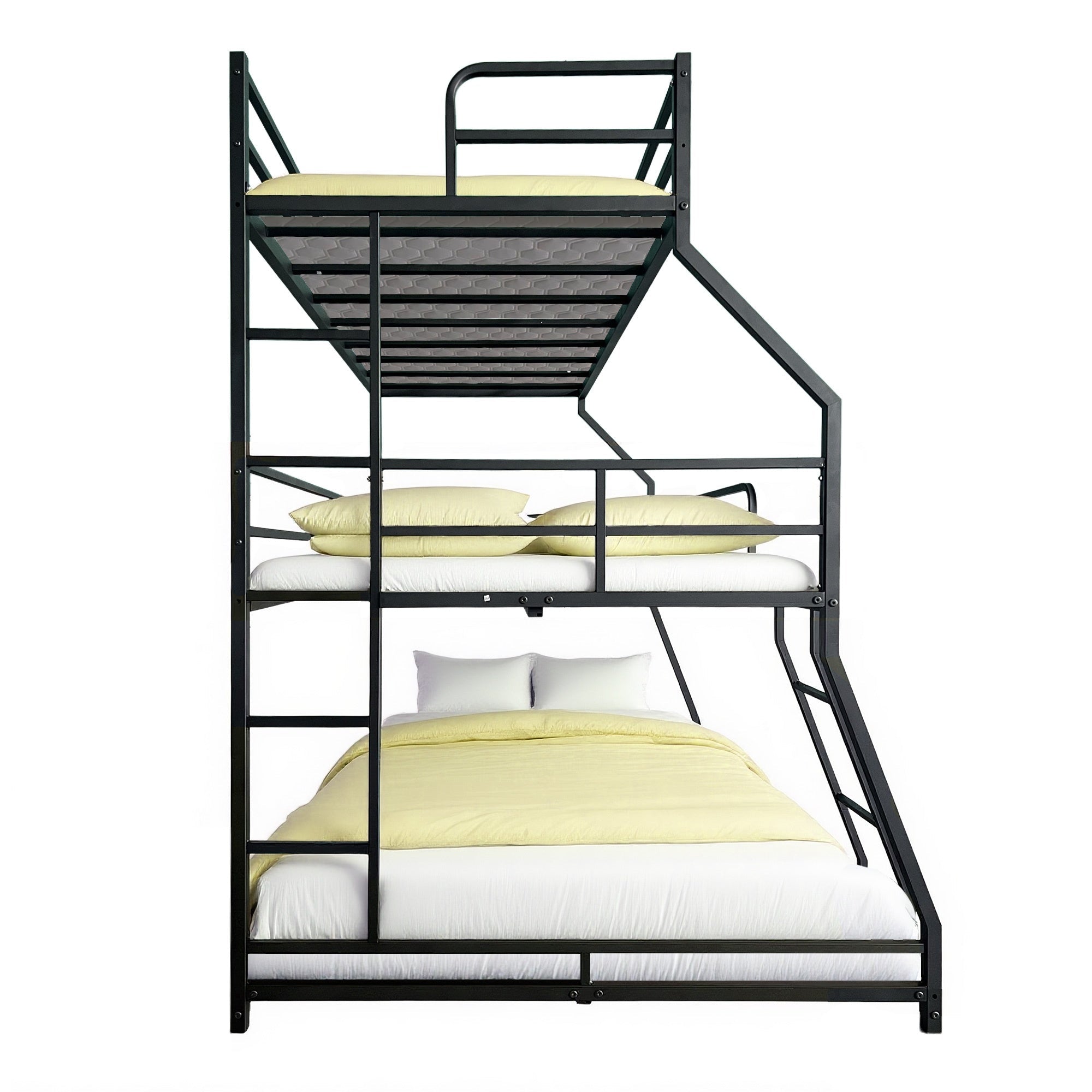 Bellemave® Triple Bed Metal Low Profile Bunkbeds with Full - Length Guardrail and Long and Short Ladder, No Boxing Spring Needed, Easy Assembly, Black - Bellemave