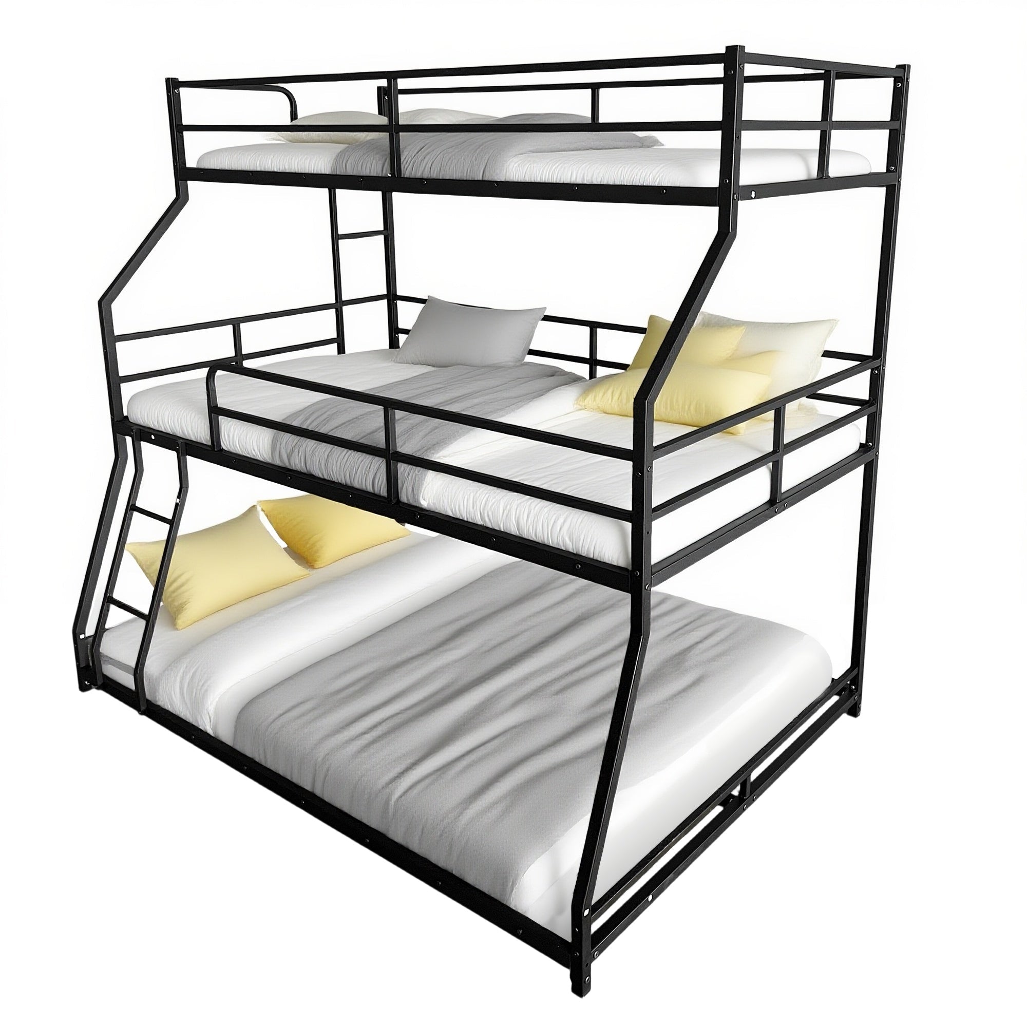 Bellemave® Triple Bed Metal Low Profile Bunkbeds with Full - Length Guardrail and Long and Short Ladder, No Boxing Spring Needed, Easy Assembly, Black - Bellemave