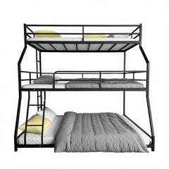 Bellemave® Triple Bed Metal Low Profile Bunkbeds with Full - Length Guardrail and Long and Short Ladder, No Boxing Spring Needed, Easy Assembly, Black - Bellemave