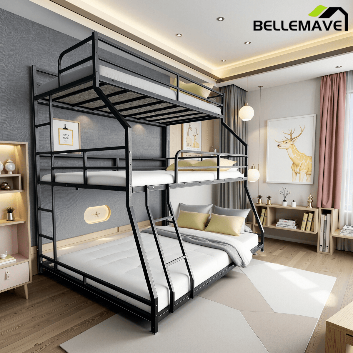 Bellemave® Triple Bed Metal Low Profile Bunkbeds with Full - Length Guardrail and Long and Short Ladder, No Boxing Spring Needed, Easy Assembly, Black - Bellemave