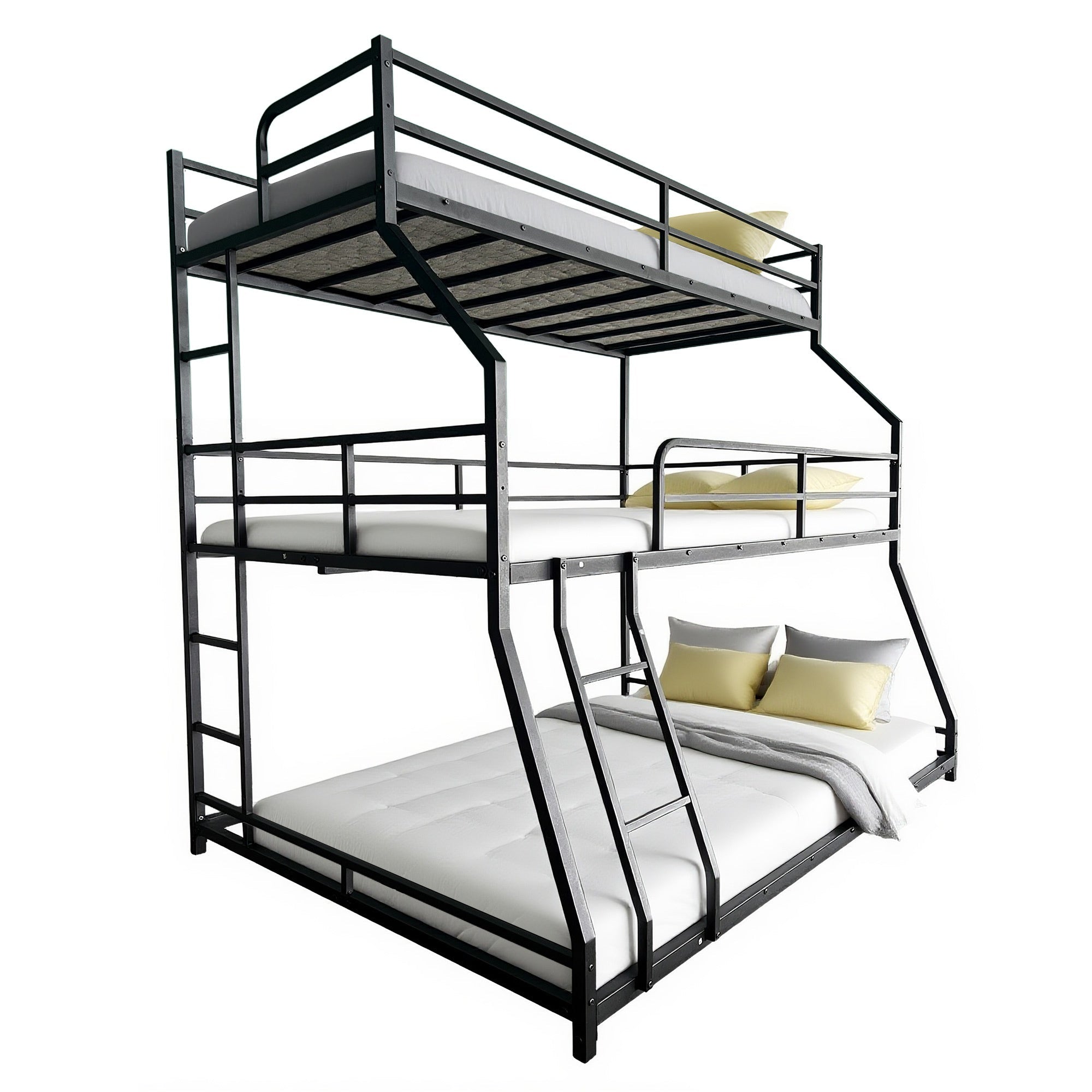 Bellemave® Triple Bed Metal Low Profile Bunkbeds with Full - Length Guardrail and Long and Short Ladder, No Boxing Spring Needed, Easy Assembly, Black - Bellemave
