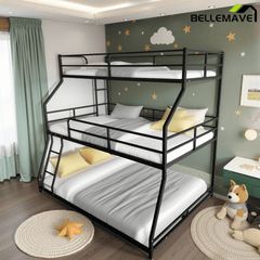 Bellemave® Triple Bed Metal Low Profile Bunkbeds with Full - Length Guardrail and Long and Short Ladder, No Boxing Spring Needed, Easy Assembly, Black - Bellemave