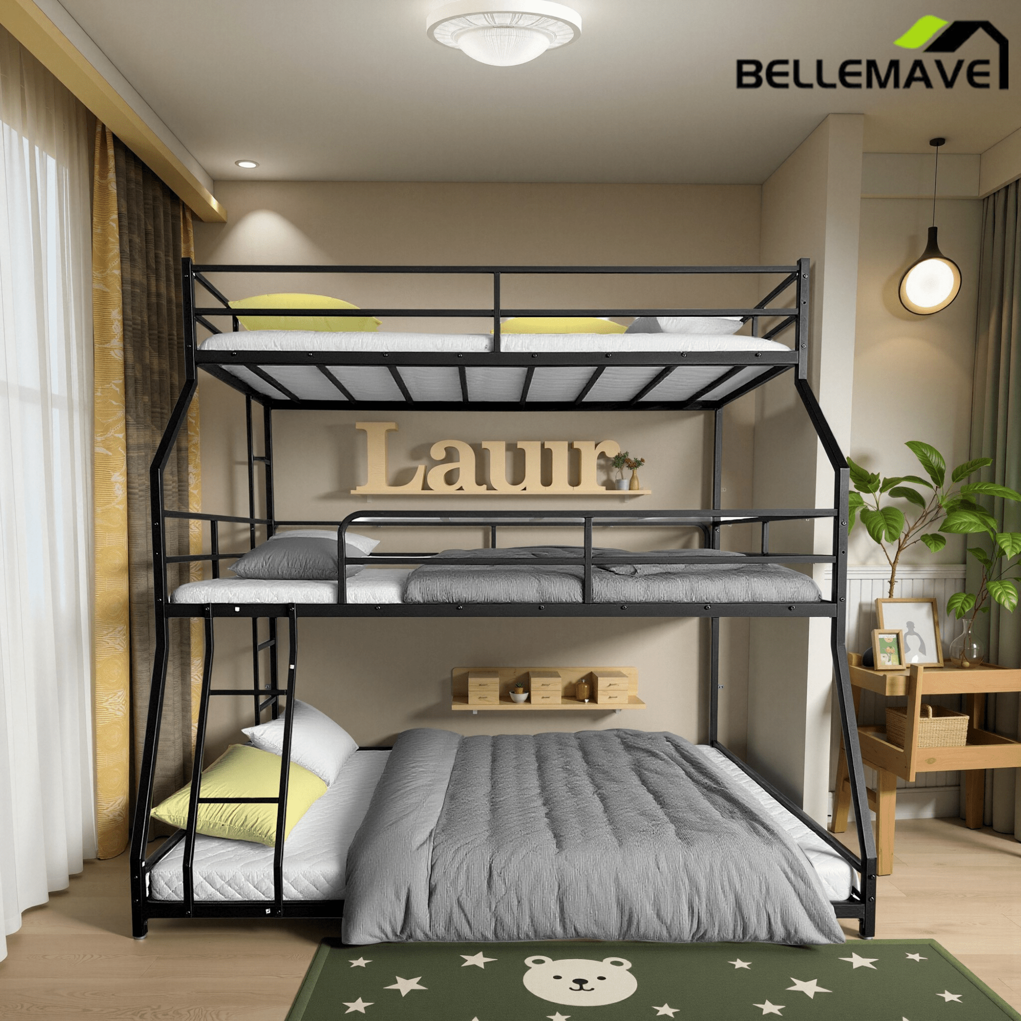 Bellemave® Triple Bed Metal Low Profile Bunkbeds with Full - Length Guardrail and Long and Short Ladder, No Boxing Spring Needed, Easy Assembly, Black - Bellemave