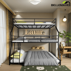 Bellemave® Triple Bed Metal Low Profile Bunkbeds with Full - Length Guardrail and Long and Short Ladder, No Boxing Spring Needed, Easy Assembly, Black - Bellemave