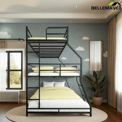 Bellemave® Triple Bed Metal Low Profile Bunkbeds with Full - Length Guardrail and Long and Short Ladder, No Boxing Spring Needed, Easy Assembly, Black - Bellemave
