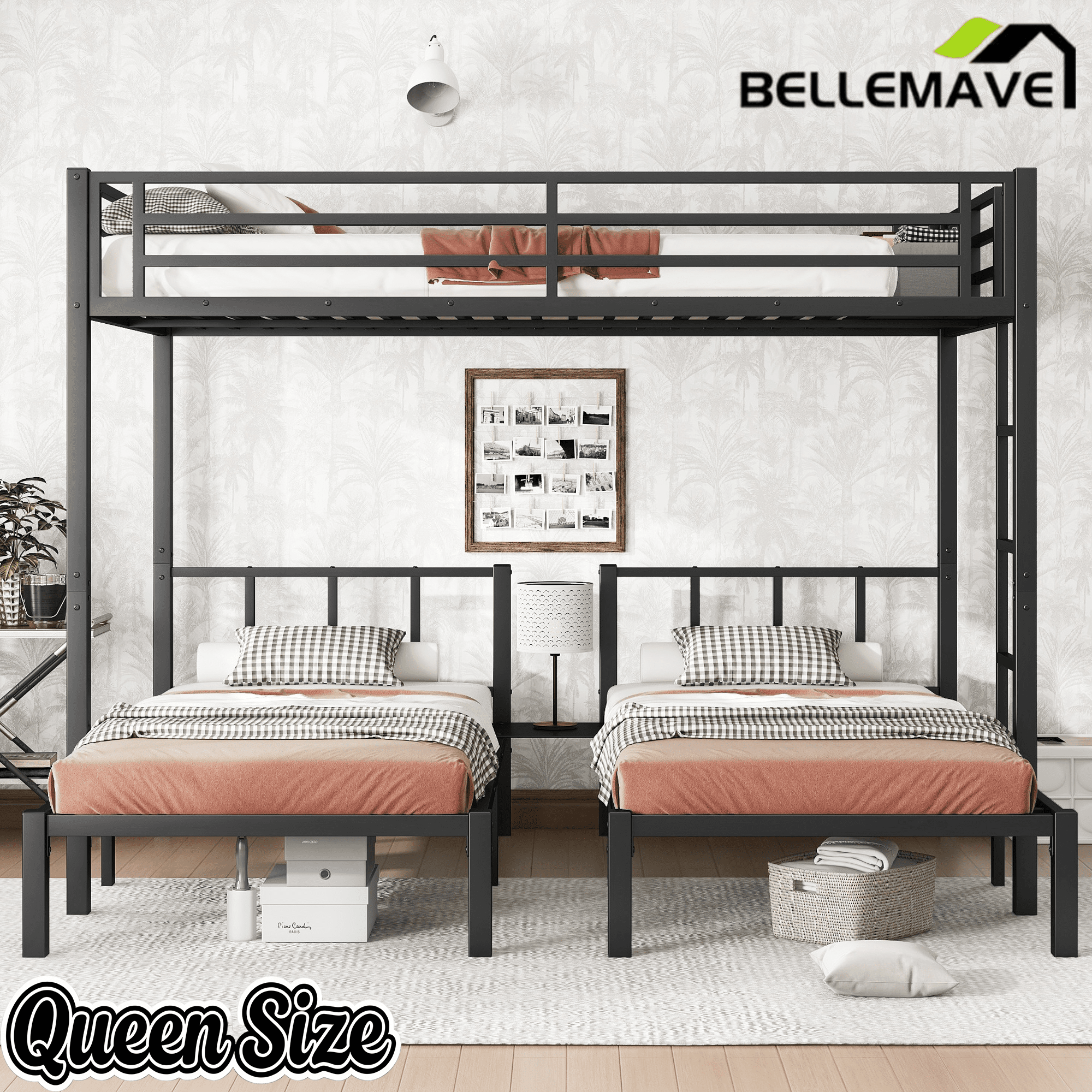 Bellemave® Triple Bunk Bed for Kids, Detachable Queen Over Twin & Twin Metal Bunk Bed with Guardrails, Ladder & Storage, Converts to 3 Separate Beds, Easy to Assemble - Bellemave
