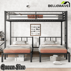 Bellemave® Triple Bunk Bed for Kids, Detachable Queen Over Twin & Twin Metal Bunk Bed with Guardrails, Ladder & Storage, Converts to 3 Separate Beds, Easy to Assemble - Bellemave