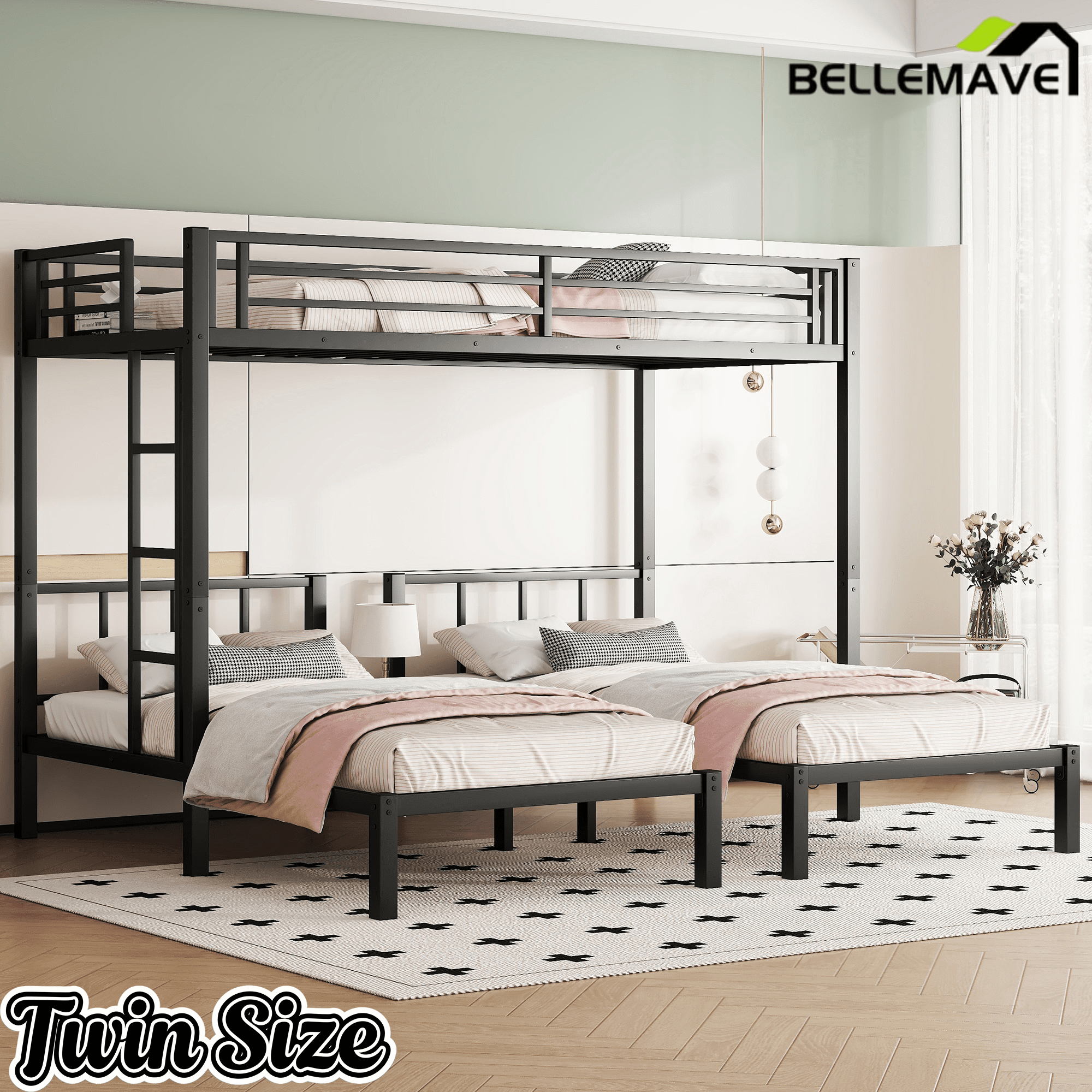 Bellemave® Triple Bunk Bed for Kids, Detachable Queen Over Twin & Twin Metal Bunk Bed with Guardrails, Ladder & Storage, Converts to 3 Separate Beds, Easy to Assemble - Bellemave