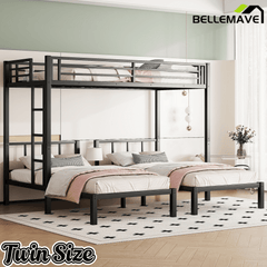 Bellemave® Triple Bunk Bed for Kids, Detachable Queen Over Twin & Twin Metal Bunk Bed with Guardrails, Ladder & Storage, Converts to 3 Separate Beds, Easy to Assemble - Bellemave