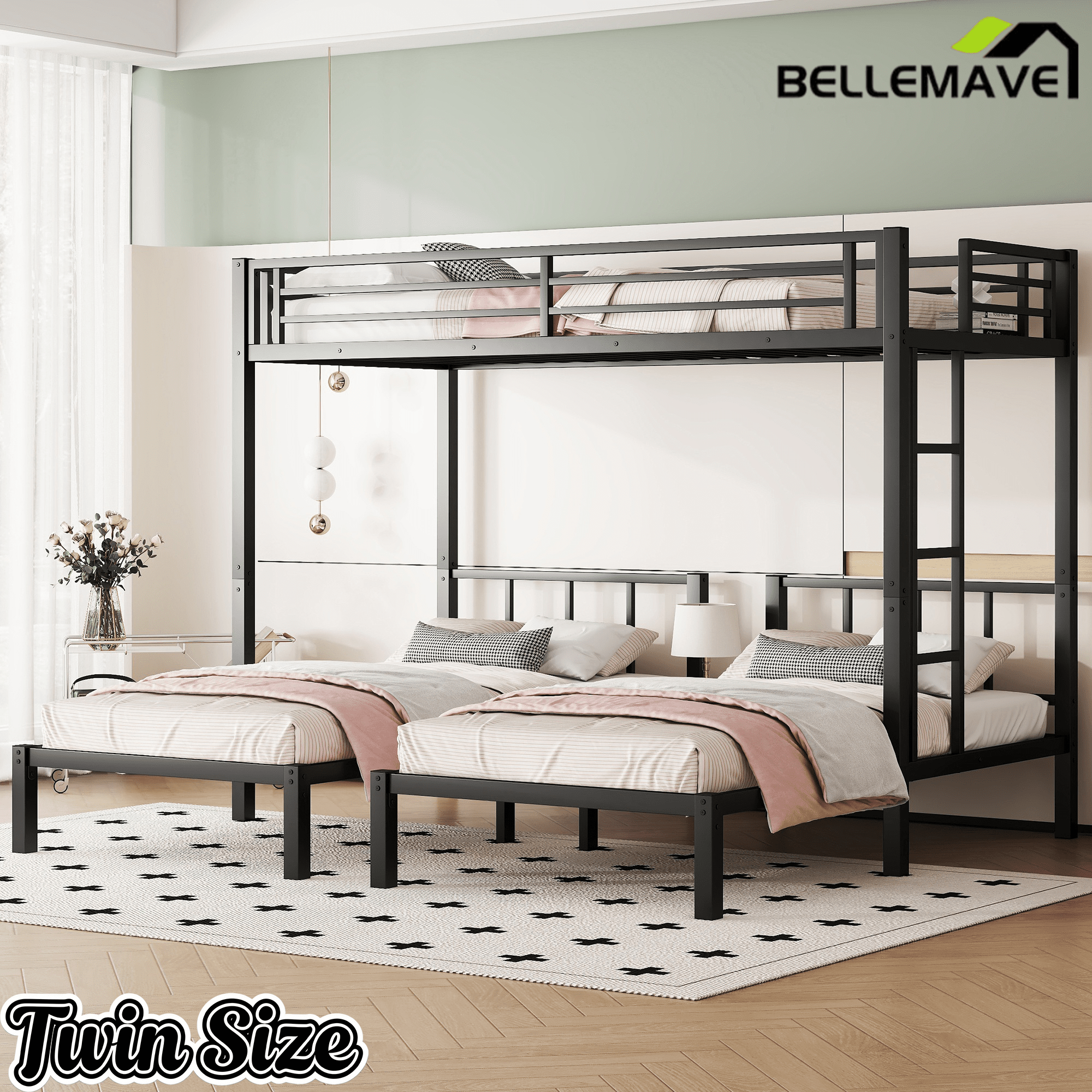 Bellemave® Triple Bunk Bed for Kids, Detachable Queen Over Twin & Twin Metal Bunk Bed with Guardrails, Ladder & Storage, Converts to 3 Separate Beds, Easy to Assemble - Bellemave