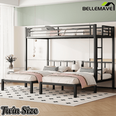 Bellemave® Triple Bunk Bed for Kids, Detachable Queen Over Twin & Twin Metal Bunk Bed with Guardrails, Ladder & Storage, Converts to 3 Separate Beds, Easy to Assemble - Bellemave