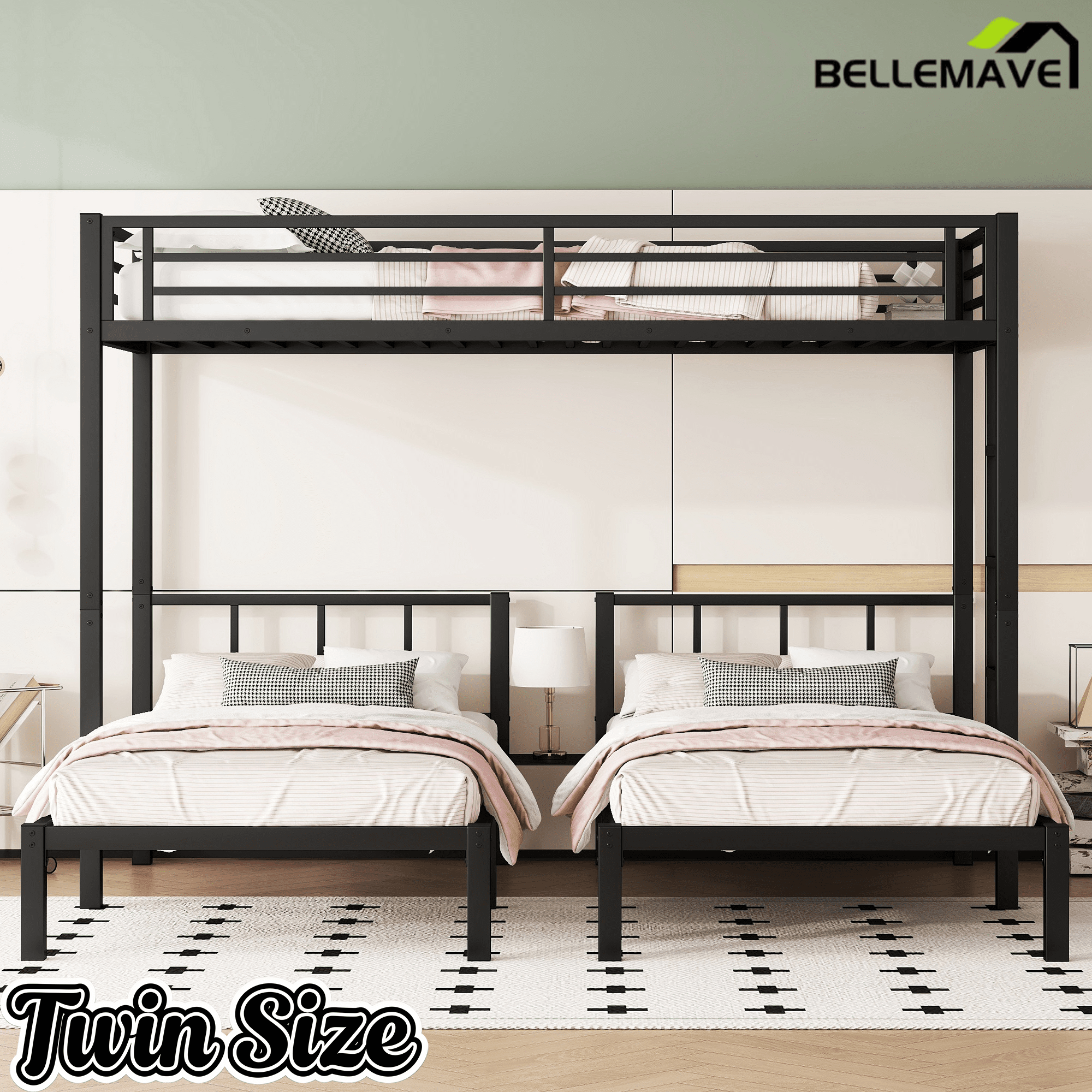 Bellemave® Triple Bunk Bed for Kids, Detachable Queen Over Twin & Twin Metal Bunk Bed with Guardrails, Ladder & Storage, Converts to 3 Separate Beds, Easy to Assemble - Bellemave