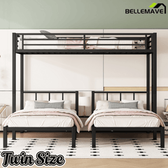 Bellemave® Triple Bunk Bed for Kids, Detachable Queen Over Twin & Twin Metal Bunk Bed with Guardrails, Ladder & Storage, Converts to 3 Separate Beds, Easy to Assemble - Bellemave