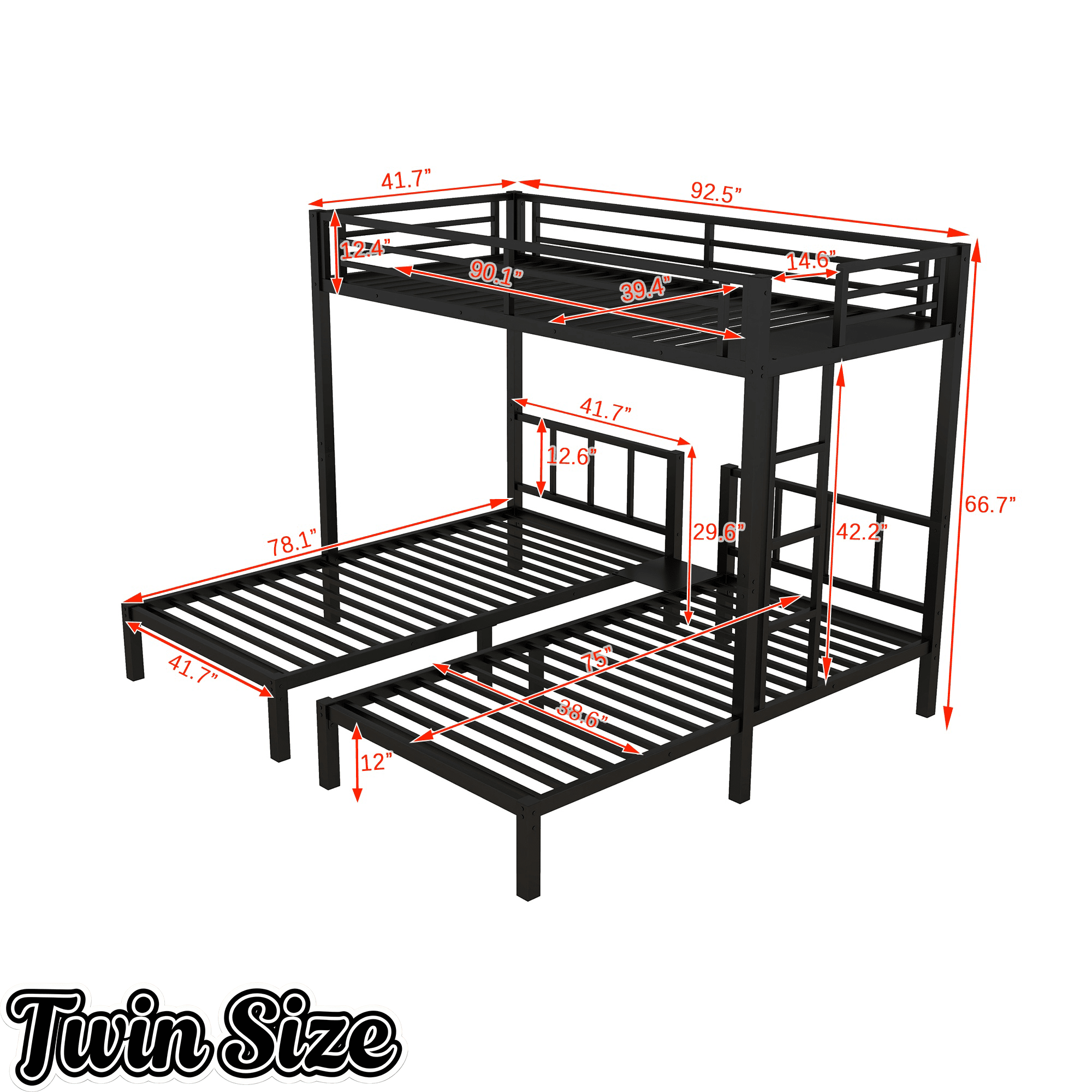 Bellemave® Triple Bunk Bed for Kids, Detachable Queen Over Twin & Twin Metal Bunk Bed with Guardrails, Ladder & Storage, Converts to 3 Separate Beds, Easy to Assemble - Bellemave