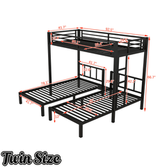 Bellemave® Triple Bunk Bed for Kids, Detachable Queen Over Twin & Twin Metal Bunk Bed with Guardrails, Ladder & Storage, Converts to 3 Separate Beds, Easy to Assemble - Bellemave