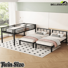 Bellemave® Triple Bunk Bed for Kids, Detachable Queen Over Twin & Twin Metal Bunk Bed with Guardrails, Ladder & Storage, Converts to 3 Separate Beds, Easy to Assemble - Bellemave