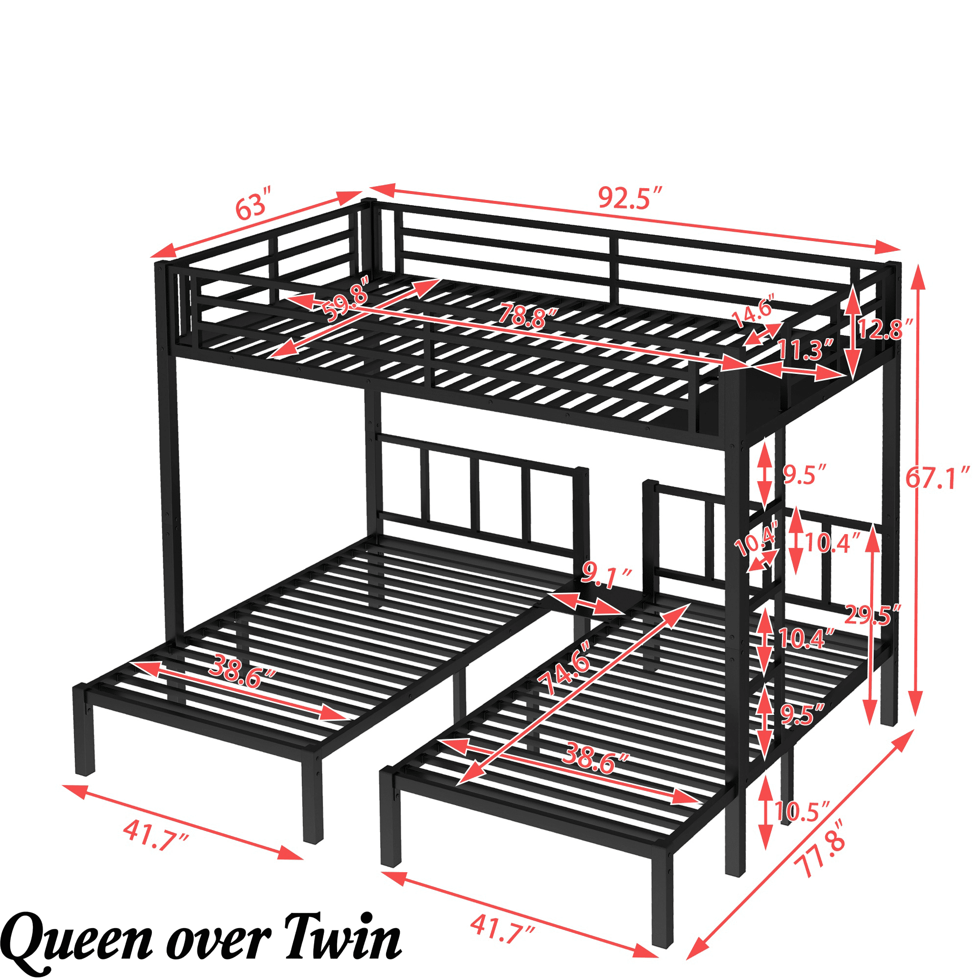 Bellemave® Triple Bunk Bed for Kids, Detachable Queen Over Twin & Twin Metal Bunk Bed with Guardrails, Ladder & Storage, Converts to 3 Separate Beds, Easy to Assemble - Bellemave