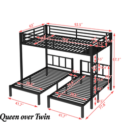 Bellemave® Triple Bunk Bed for Kids, Detachable Queen Over Twin & Twin Metal Bunk Bed with Guardrails, Ladder & Storage, Converts to 3 Separate Beds, Easy to Assemble - Bellemave