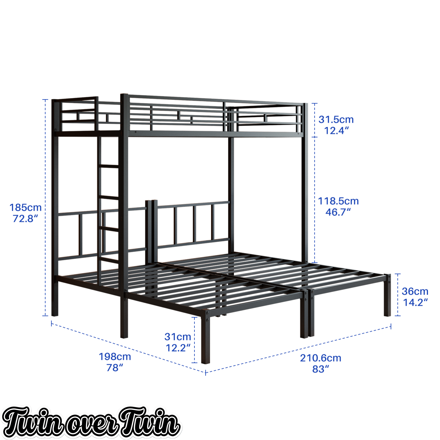 Bellemave® Triple Bunk Bed for Kids, Detachable Twin Over Twin Over Twin Metal Bunk Bed with Guardrails, Ladder & Storage, Converts to 3 Separate Twin Beds, No Boxing Spring Needed, Black - Bellemave
