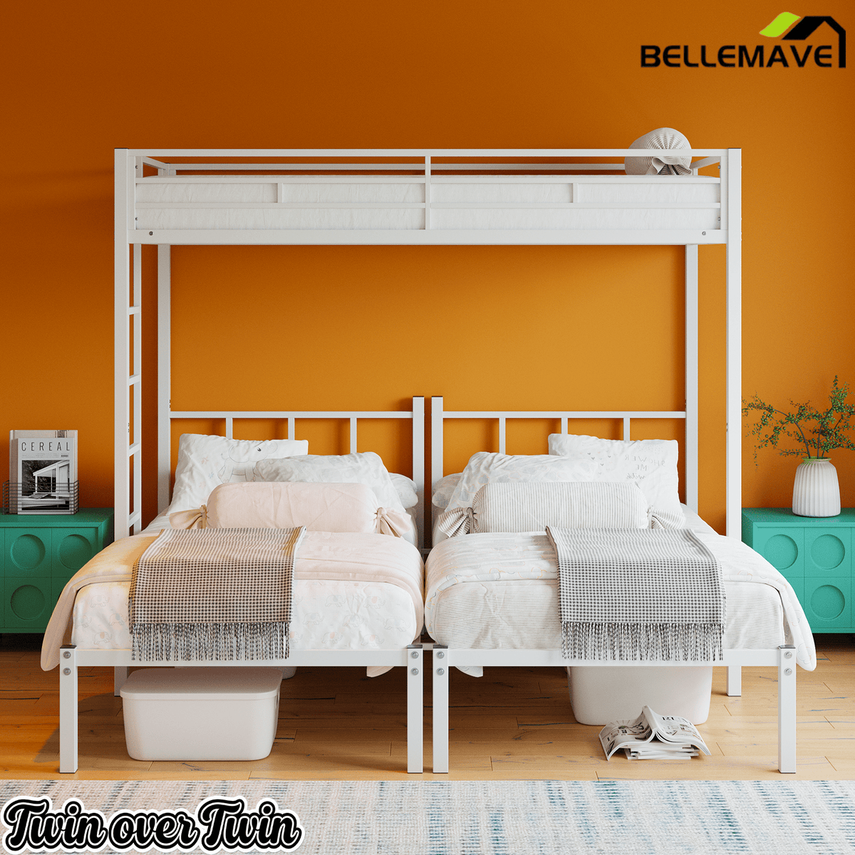 Bellemave® Triple Bunk Bed for Kids, Detachable Twin Over Twin Over Twin Metal Bunk Bed with Guardrails, Ladder & Storage, Converts to 3 Separate Twin Beds, No Boxing Spring Needed, Black - Bellemave