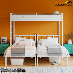 Bellemave® Triple Bunk Bed for Kids, Detachable Twin Over Twin Over Twin Metal Bunk Bed with Guardrails, Ladder & Storage, Converts to 3 Separate Twin Beds, No Boxing Spring Needed, Black - Bellemave