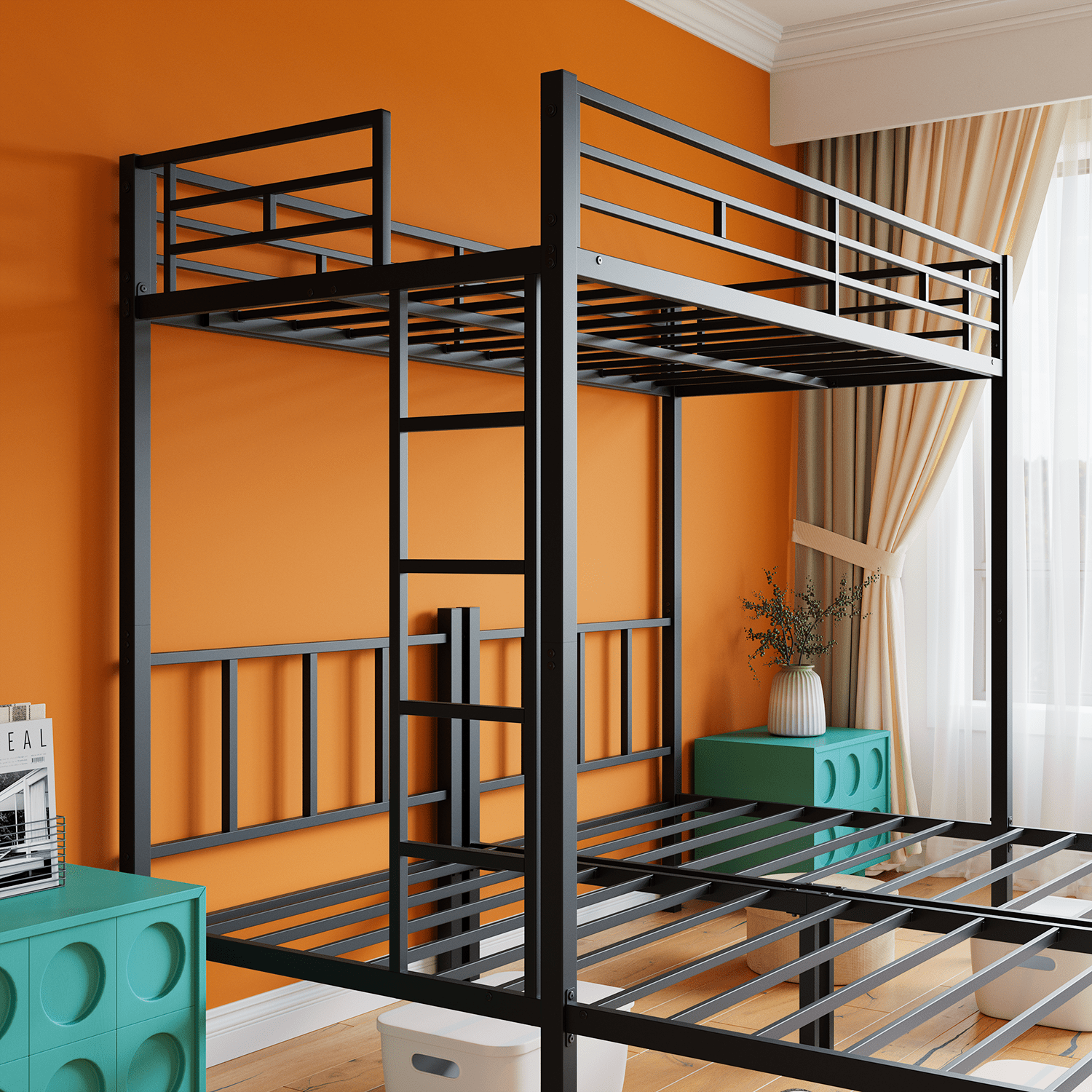Bellemave® Triple Bunk Bed for Kids, Detachable Twin Over Twin Over Twin Metal Bunk Bed with Guardrails, Ladder & Storage, Converts to 3 Separate Twin Beds, No Boxing Spring Needed, Black - Bellemave