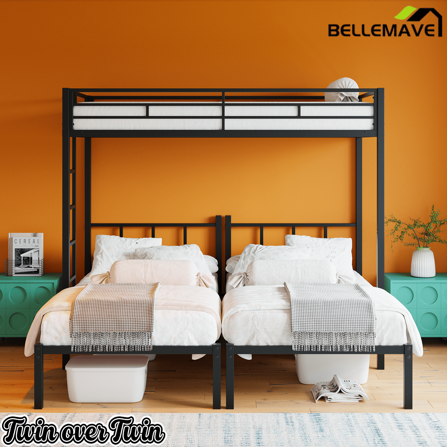 Bellemave® Triple Bunk Bed for Kids, Detachable Twin Over Twin Over Twin Metal Bunk Bed with Guardrails, Ladder & Storage, Converts to 3 Separate Twin Beds, No Boxing Spring Needed, Black - Bellemave