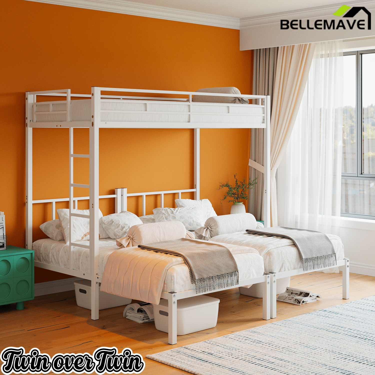 Bellemave® Triple Bunk Bed for Kids, Detachable Twin Over Twin Over Twin Metal Bunk Bed with Guardrails, Ladder & Storage, Converts to 3 Separate Twin Beds, No Boxing Spring Needed, Black - Bellemave