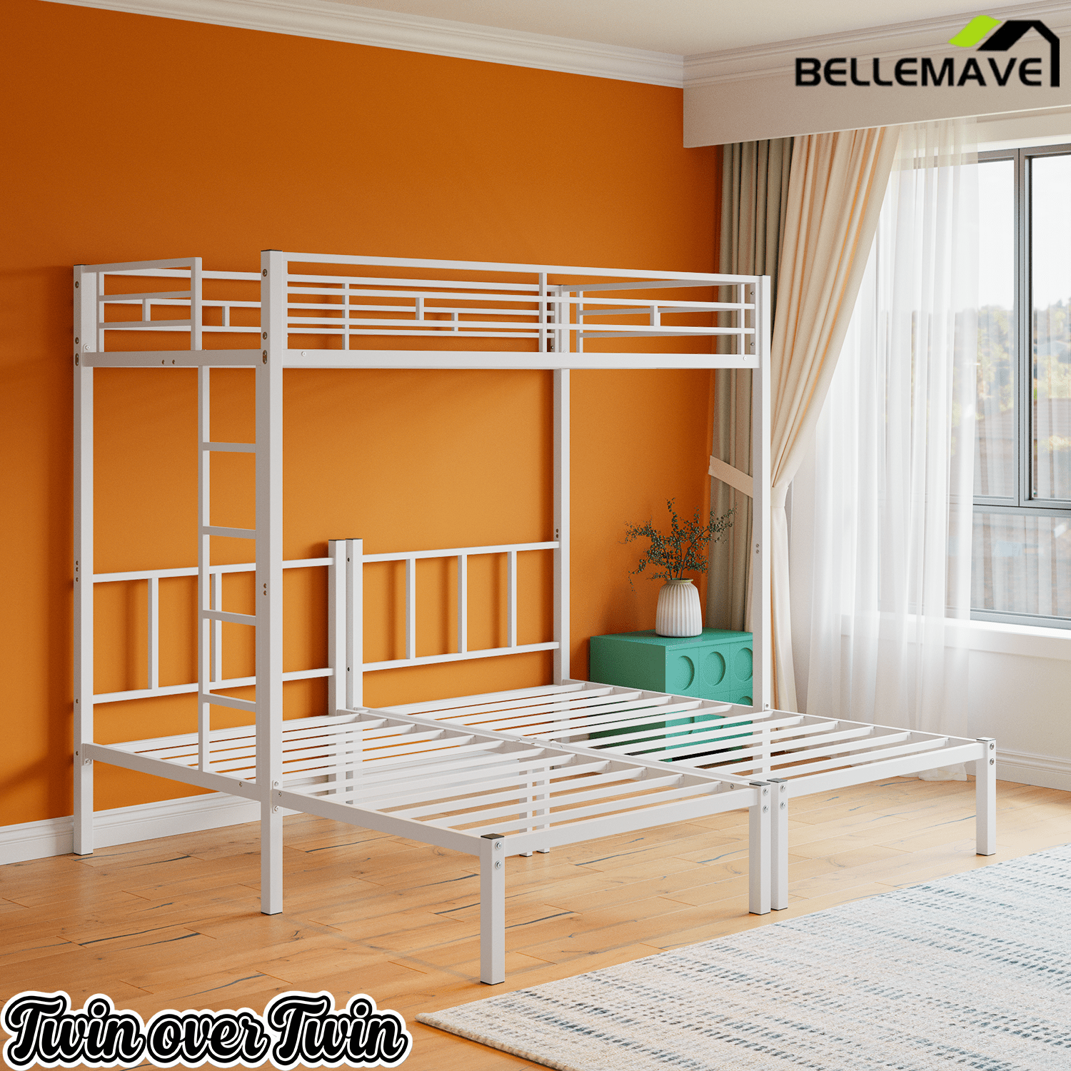 Bellemave® Triple Bunk Bed for Kids, Detachable Twin Over Twin Over Twin Metal Bunk Bed with Guardrails, Ladder & Storage, Converts to 3 Separate Twin Beds, No Boxing Spring Needed, Black - Bellemave