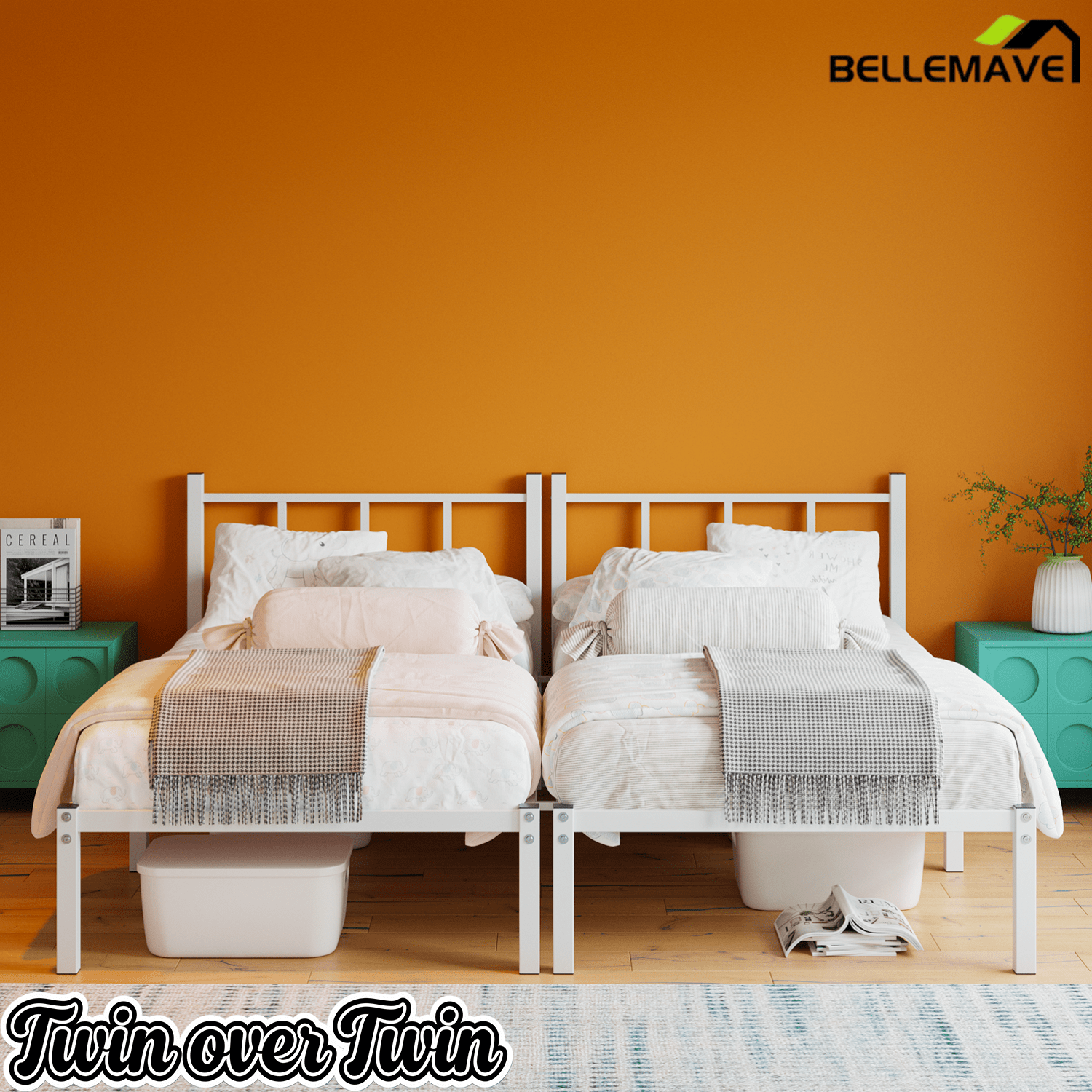 Bellemave® Triple Bunk Bed for Kids, Detachable Twin Over Twin Over Twin Metal Bunk Bed with Guardrails, Ladder & Storage, Converts to 3 Separate Twin Beds, No Boxing Spring Needed, Black - Bellemave