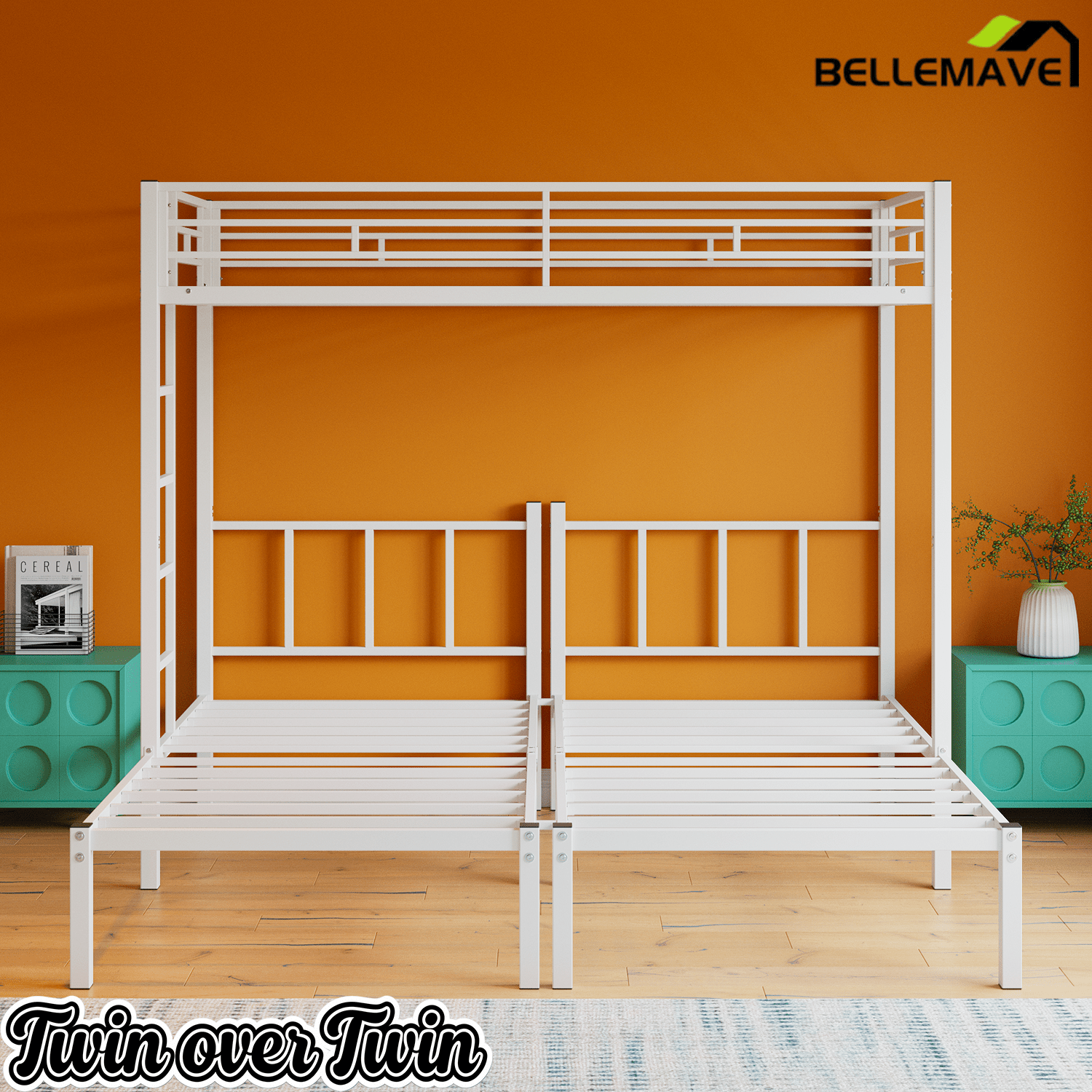 Bellemave® Triple Bunk Bed for Kids, Detachable Twin Over Twin Over Twin Metal Bunk Bed with Guardrails, Ladder & Storage, Converts to 3 Separate Twin Beds, No Boxing Spring Needed, Black - Bellemave