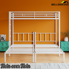 Bellemave® Triple Bunk Bed for Kids, Detachable Twin Over Twin Over Twin Metal Bunk Bed with Guardrails, Ladder & Storage, Converts to 3 Separate Twin Beds, No Boxing Spring Needed, Black - Bellemave