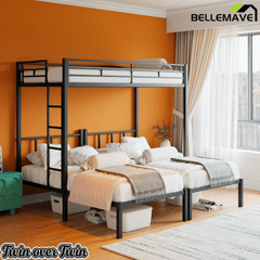 Bellemave® Triple Bunk Bed for Kids, Detachable Twin Over Twin Over Twin Metal Bunk Bed with Guardrails, Ladder & Storage, Converts to 3 Separate Twin Beds, No Boxing Spring Needed, Black - Bellemave