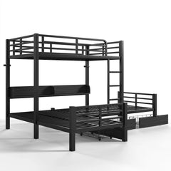 Bellemave® Triple Bunk Bed with Built-in Storage - Space Saving L-Shaped Loft Bed with LED Lighting & USB Ports for Kids, Twin over Twin & Twin, Black - Bellemave
