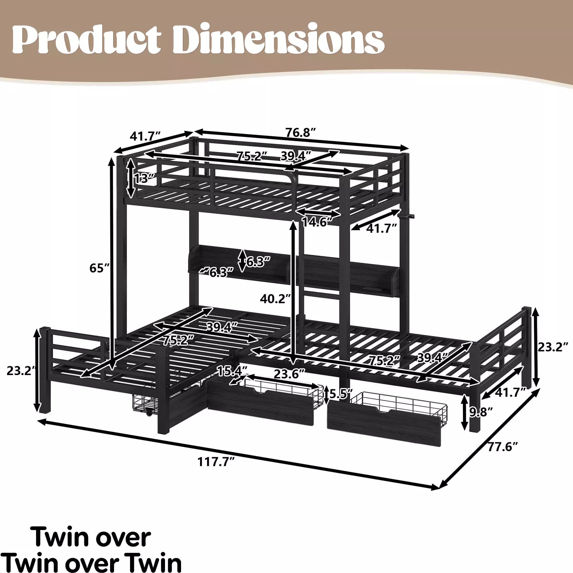Bellemave® Triple Bunk Bed with Built-in Storage - Space Saving L-Shaped Loft Bed with LED Lighting & USB Ports for Kids, Twin over Twin & Twin, Black - Bellemave