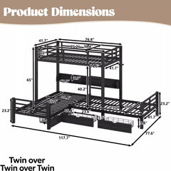 Bellemave® Triple Bunk Bed with Built-in Storage - Space Saving L-Shaped Loft Bed with LED Lighting & USB Ports for Kids, Twin over Twin & Twin, Black - Bellemave