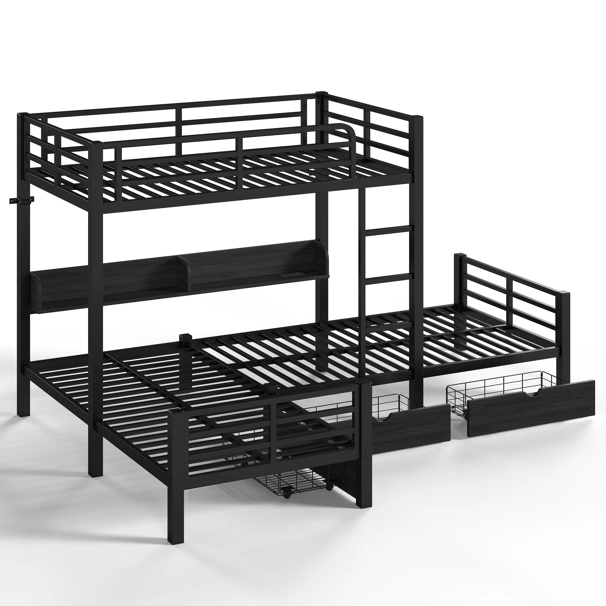 Bellemave® Triple Bunk Bed with Built-in Storage - Space Saving L-Shaped Loft Bed with LED Lighting & USB Ports for Kids, Twin over Twin & Twin, Black - Bellemave