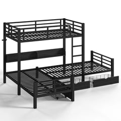 Bellemave® Triple Bunk Bed with Built-in Storage - Space Saving L-Shaped Loft Bed with LED Lighting & USB Ports for Kids, Twin over Twin & Twin, Black - Bellemave