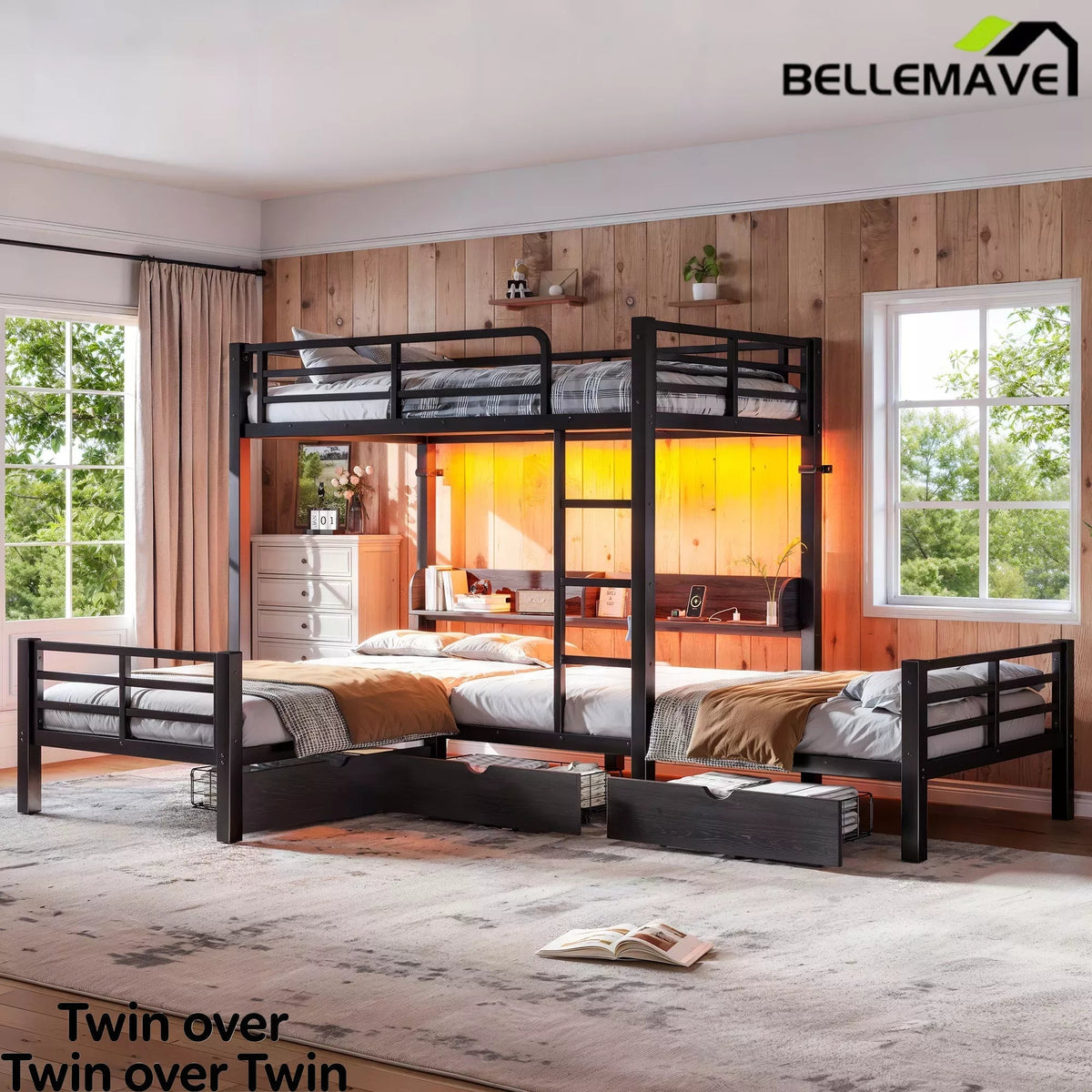 Bellemave® Triple Bunk Bed with Built-in Storage - Space Saving L-Shaped Loft Bed with LED Lighting & USB Ports for Kids, Twin over Twin & Twin, Black - Bellemave