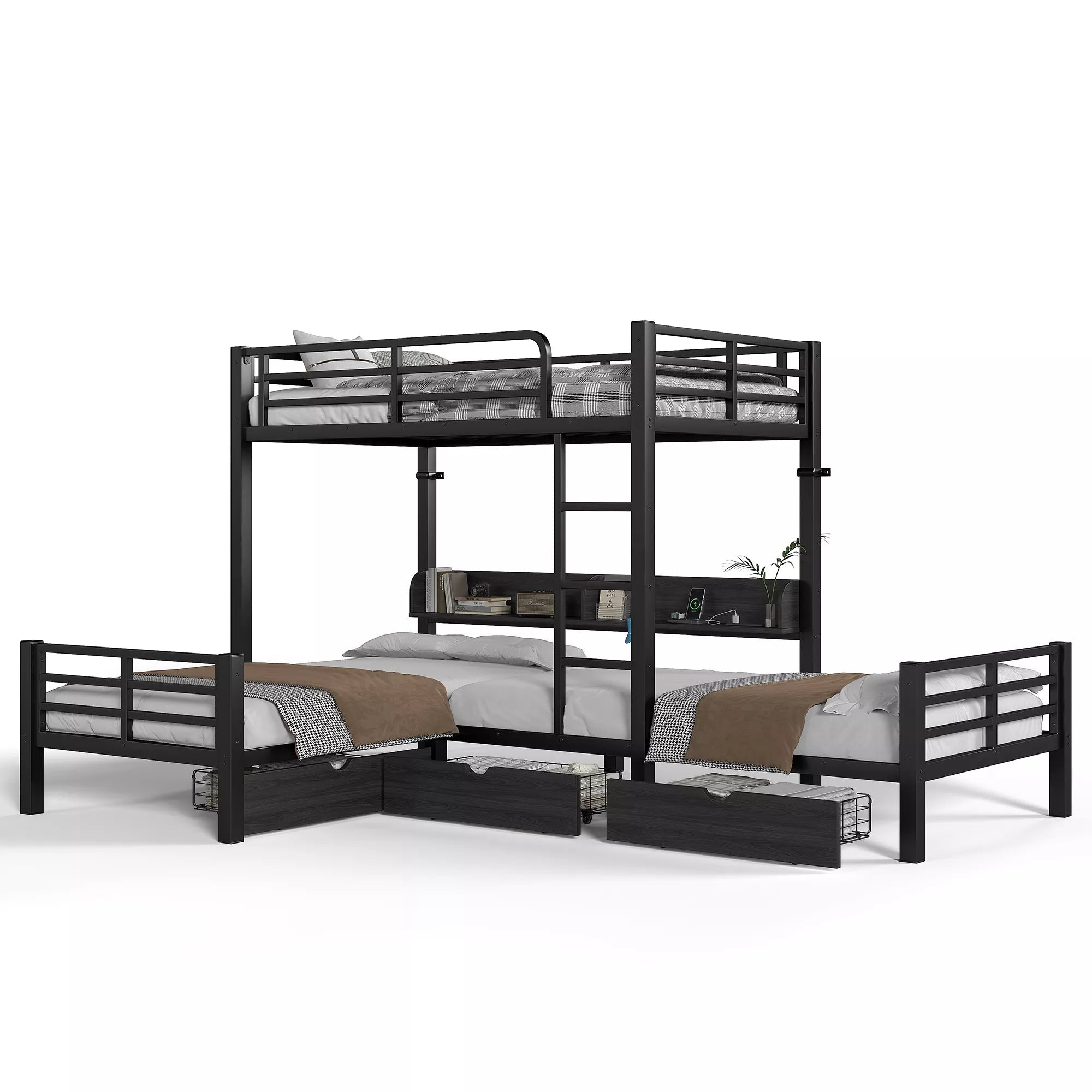 Bellemave® Triple Bunk Bed with Built-in Storage - Space Saving L-Shaped Loft Bed with LED Lighting & USB Ports for Kids, Twin over Twin & Twin, Black - Bellemave