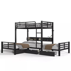 Bellemave® Triple Bunk Bed with Built-in Storage - Space Saving L-Shaped Loft Bed with LED Lighting & USB Ports for Kids, Twin over Twin & Twin, Black - Bellemave